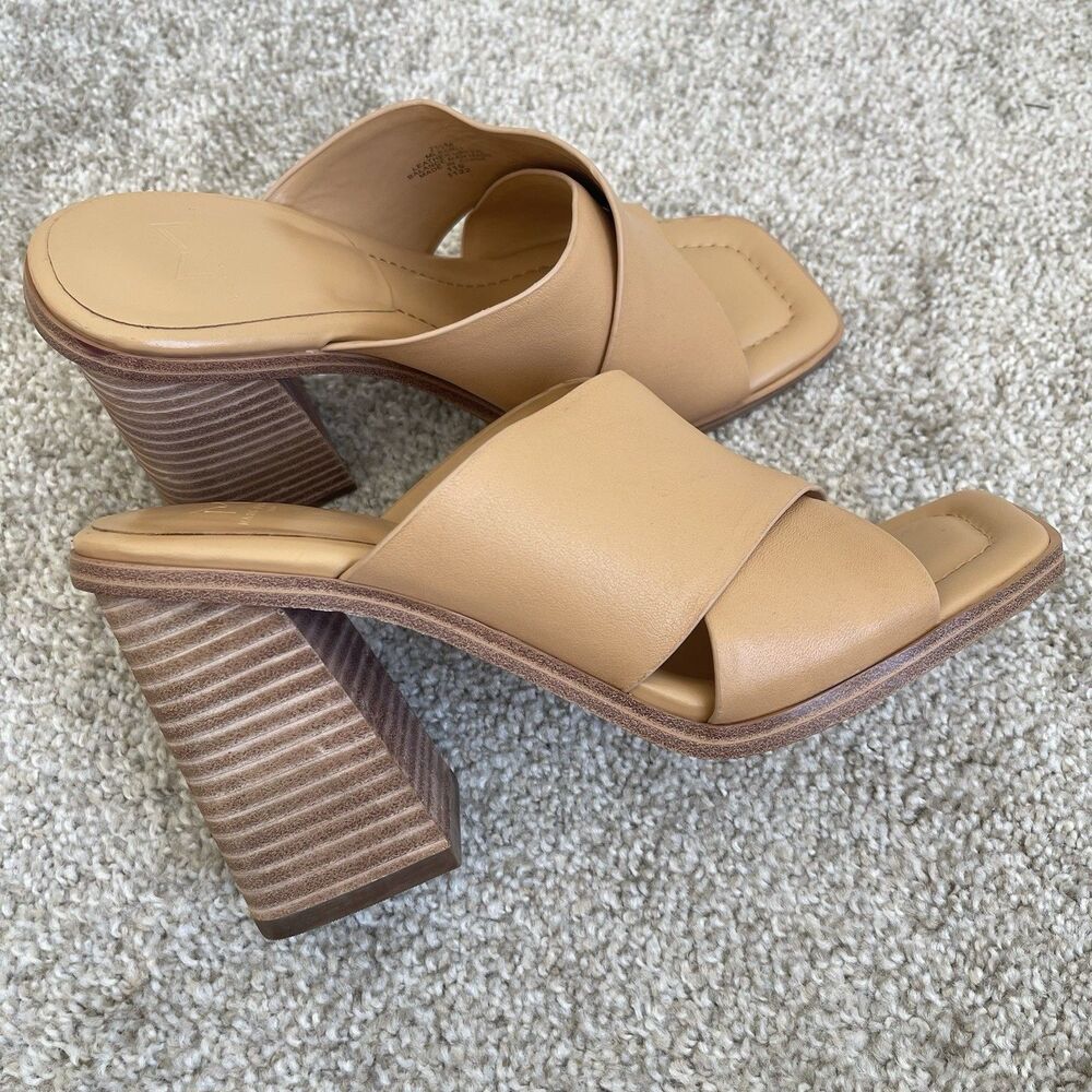 Marc Fisher Tan Leather Chunky Wood High Heel Square Toe Barli Sandals 7.5 M